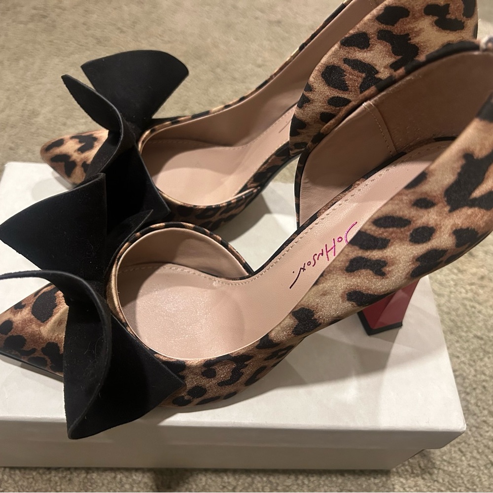 Betsey Johnson Leopard Print Pumps with Black Bow and Red Heel